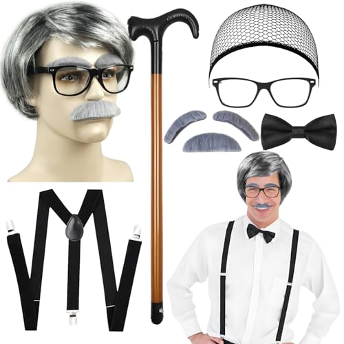 7 Stück Opa Kostüm Rentner Kostüm Set mit Perücke Grau Herren Brillen Selbstkleb Bärte Augenbrauen Schw Haarnetze KrawKnöpfe Schw Hosenträger Aufbl Krücken Für Halloween Karnevalspartys