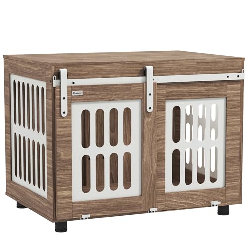 PawHut Meuble Cage pour Chien avec Porte coulissante, Maison pour Chien de Taille Moyenne, Bonne Ventilation, Table d'appoint avec Pieds réglables, 80 x 59 x...