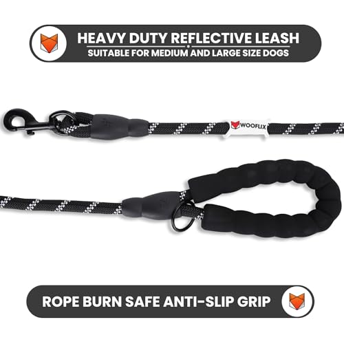 Image of WOOFLIX Reflective Dog Leash And Collar Combo Set|Dog Collar & Anti Slip Padded Handle Leash For Dogs|Highly Reflective|Dog Rope For Medium & Large Dogs|(Leash 6.5 Ft. + Collar Xl, Black, 18 Cm)