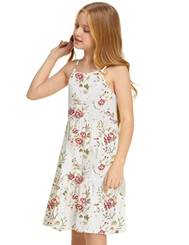 Leaduty Girls Dresses Causal Summer Holiday Boho Floral Sleeveless Spaghetti Strap Dresses For Girls (Pink White Floral-W, 8-9 Years) #TOP2