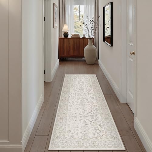 2x6 Beige-White Runner Rug Hallway Non Slip Kitchen Vintage Distressed Long Carpet Indoor Machine Washable Retro Floral Bedroom Accent Throw Rug for O