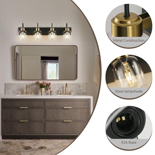 Black and Gold Glass Bathroom Vanity Light, 4-Lights Farmhouse Bathroom Vanity Lighting Fixtures Over Mirror, Vintage Rusitc Vanity Light Fixutres with Clear Glass Shade, 30 inch Wall Wall Sconces by TAKEGO - Used condition - Image 3