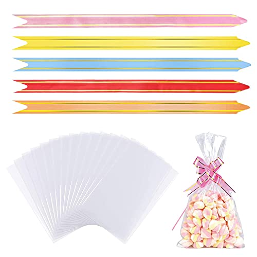 50 Packs Cellophane Bags, 4.7X6.7in Clear Sweet Bags With Mix Colors Pull Bows for Gifts Cookie, Baking, 1 count (Pack of 50)