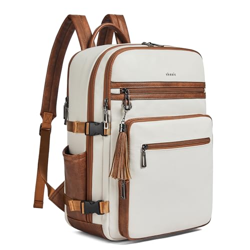 Shrrie Laptop Backpack for Women,Vegan Leather Backpack Work Computer Backpacks fits 16" Laptop,Water Resistant Teacher Nurse Casual Daypack for Weekender Camping Travel,Beige with Brown