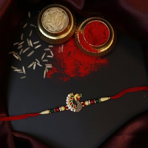 Image of Oblivion Artistic Peacock Rakhi Set of 2 for Brother with Silver Colour Pooja Coin, Tilak Set and Greeting Card for Raksha Bandhan Celebration