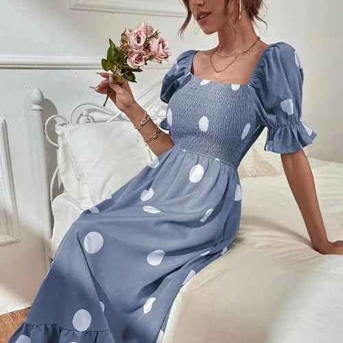 Vestido midi de lunares con manga corta y volantes para mujer 2