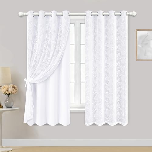 Image of Yinhua Double Layer White Curtains for Living Room Blackout Curtains for Bedroom 63 Inch Length 2 Panels Set Kid Curtain with Tiebacks, Grommet Drapes with Floral Sheer Overlay, 52 inch W x 63 inch L
