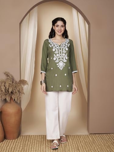 Image of Short Kurti for Women for Jeans, Chikankari Kurtis for Ladies, Lakhnavi V- Neck Women's Tunic Design Kurta, Floral Kurtas & Tunics for Woman