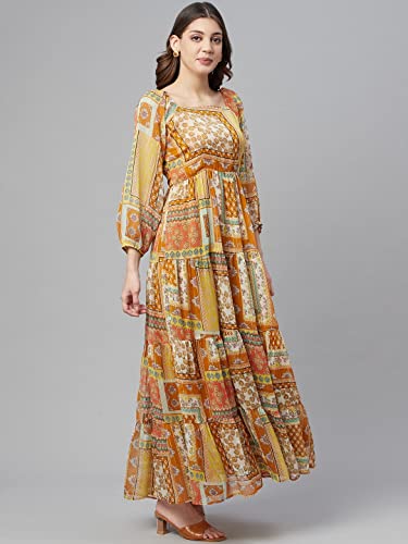 Image of Cottinfab Women Mustard Yellow Ethnic Printed A-Line Maxi Dress