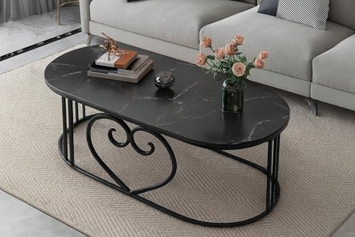 Image of Oval Accent Metal Centre Table with Marble Look Coffee Tables with Engineered Wood Top and Metal Frame, Contemporary Table for Office, Bedroom, or Living Room Full Black