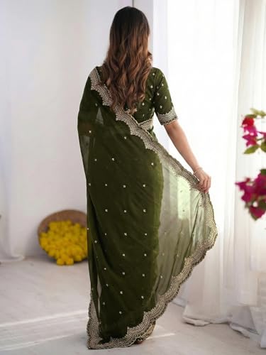 Image of SIRIL Women's Shimmer Georgette Scalloped Border Sequins Embroidery Saree with Unstitched Blouse Piece