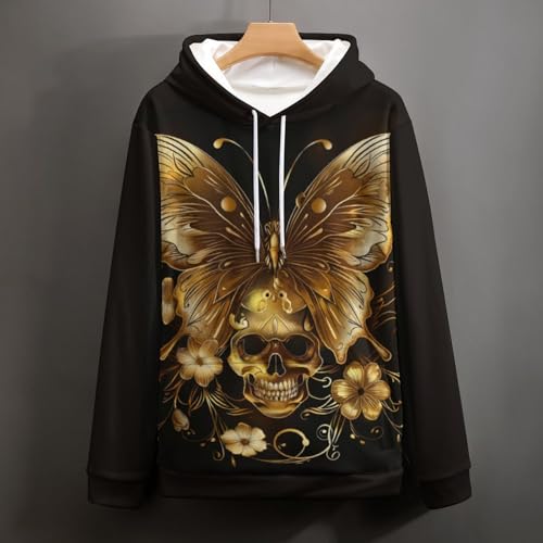 Sweatshirt Pullover Papillon Doré Crâne au Design Graphique Contrasté - 5