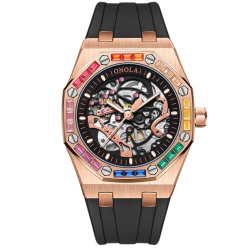 DAXIAOYU Reloj de pulsera para hombre, diseño de arco iris, con bisel de diamante, esqueleto hueco, automático, correa de silicona, impermeable, luminoso, Rosa Negro, Lujoso