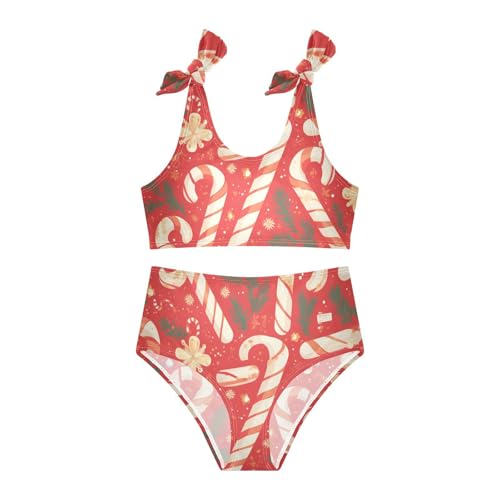 KLL Christmas Candy Cane Mistletoe Pattern Girls Two Piece Bikini Set Quick-Dry Swimsuit Swimming Suits Adjustable Strap3