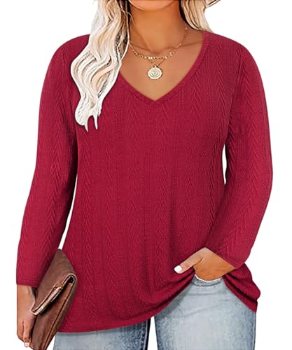 Image of CARCOS Plus Size Tops for Women Long Sleeve Raglan V Neck T Shirts Tunic Fall Blouse Xl-5Xl 14W -28W