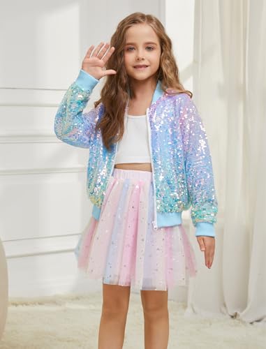 Girls Sequin Bomber Jacket Sparkly Bomber Outfit Long Sleeve Zipper Bright Colors 5-12T4