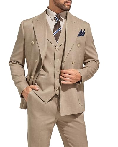 Men's Suit Double Breasted Slim Fit 3 Piece Suit Set Wedding Prom Suits Blazer Dinner Groom Tux Square Pocket Jacket Vest Pants for Men Khaki L