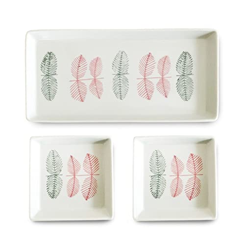 J-kitchens お皿セット 波佐見焼 日本製 27cm x 13cm & 12.2cm 長長焼皿 1枚 四角 取り皿 2枚 葉紋 レッド /172578