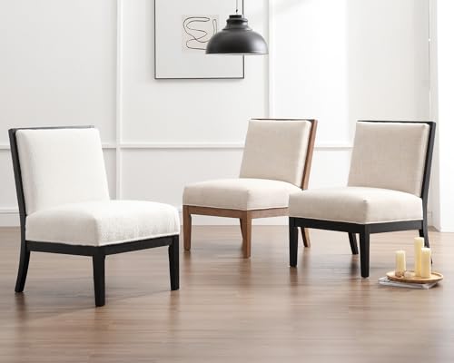 LIVINOVA Mid Century Modern Upholstered Armless Accent Chair, Comfy Linen Small Accent Chair, Farmhouse Living Room Chairs for Bedroom Office, Side Chair Slipper Chair with Natural Wood Legs, Beige