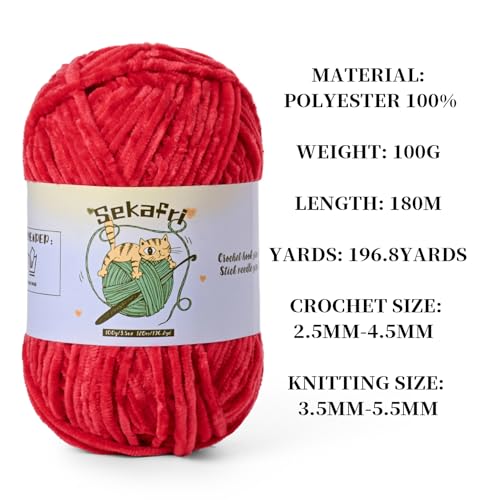Image of 3 Pack of 300g (590yds) Fuzzy Chenille Yarn for Crocheting,Fluffy Amigurumi Crochet Yarn for DIY Craft /Hat /Clothes, Soft Velvet Baby Blanket Yarns(3 Red)