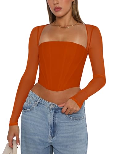 REORIA Women's Fall Fashion Mesh Long Sleeve Square Neck Boned Corset Tops Sexy Trendy Going Out Crop Tops (Orange Medium)