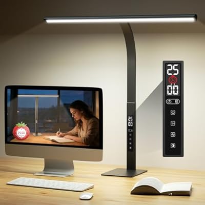 LED Desk Lamp for Office Home: Table Light with Base Pomodoro Timer, Clock LCD Display 5 Color Dimming Bright Lighting Desktop, Adjustable Flexible Gooseneck, Task Lamp for Reading Study Work Drafting