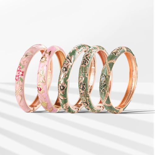 Image of UJOY Bangles 5 Pcs Enamel Jewelry Set Rose Flower Engraved Cloisonne Bracelets Pack in a Box 5PCS