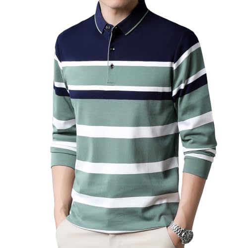 Mens Casual Cotton Striped Long Sleeve Collared T Shirt Polo Shirts2