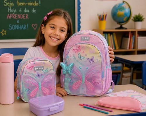 KIT Mochila escolar Infantil PackMe Borboleta + Lancheira Térmica Rosa 3d