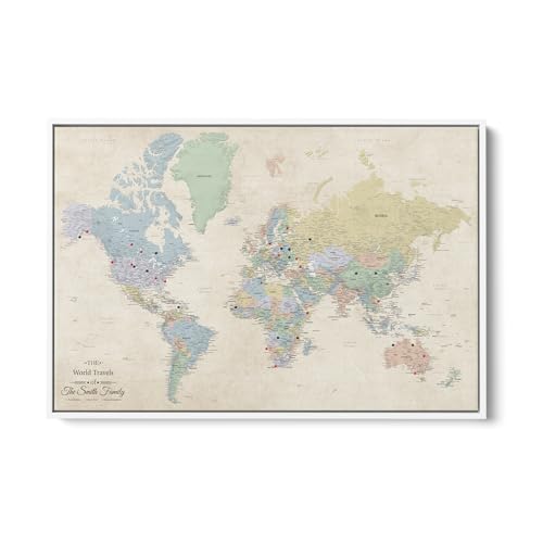Image of Push Pin Travel Maps Sandy Dreams World Pin Board - Personalized Canvas Travel Map with Pins, Adventure Wall Art Decor for Tracking Trips - White Float Mount Frame - 24 inch x 36 inch