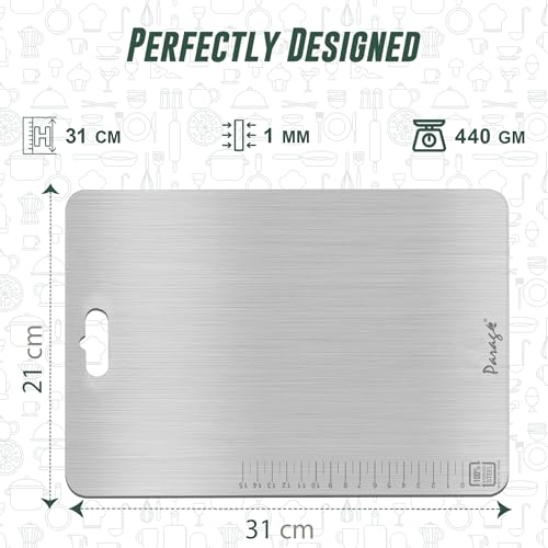 Image of Parage Stainless Steel Medium Chopping Board 31 x 21 CM | Non Porous Kitchen Cutting Board for Home Use for Meat Fish Vegetables Fruits Bread | Anti Bacterial Odor Resistant Rust Free Heavy Duty