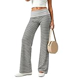 NZNDSHD Fold Over Yoga Pants for Women Low Rise Straight Leg Sweatpants Y2k Solid Color Stretchy Loose Gym Lounge Leggings (Light Gray Stripe, S)