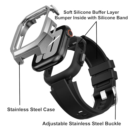 Image of Luxury Metal Case with Band Compatible for Apple Watch 44mm 45mm 46mm 49mm,Men Rugged Protective Bumper Cover with Soft Silicone Strap for iWatch Series 11 /10 /9 /8 /7 /6 /SE3 /SE2 /SE /5 /4 and Ultra 3 /2 /1 49mm