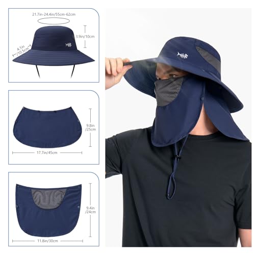 BASSDASH UPF 50+ Breathable Sun Hat with Removable Face Cover and Neck Flap Wide Brim Bucket Hat for Fishing Hiking Men Women Dark Blue by BASSDASH - Image 4