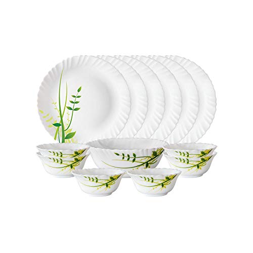Larah By Borosil Green Herbs Fluted Series Opalware Dinner Set | 13 Pieces For Family Of 4 | Microwave & Dishwasher Safe | Bone-Ash Free | Crockery Set For Dining & Gifting | Plates & Bowls | White