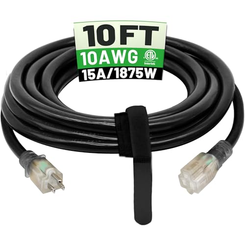 POWGRN 10 Ft 10AWG Black Outdoor Extension Cord Waterproof Heavy Duty 10 Gauge 3 Prong Flexible Cold-Resistant Power Cord Indoor & Outside with Lighted Indicator End 15Amp 1875W SJTW ETL Listed