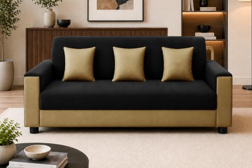 Image of Modern 3 Seater Sofa | Contemporary Upholstered Couch | Premium Cushioned Seating | Stylish Armrest Design | Comfortable Sofa for Living Room, Bedroom & Office - Black + Beige Color