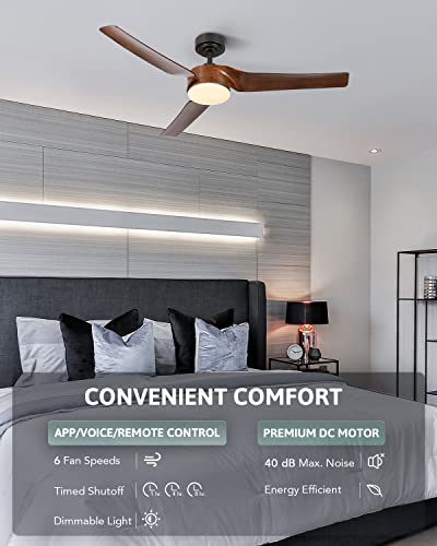 Vonluce Modern Smart Ceiling Fan With Light And Remote Compatible With Alexa Google Voice App Control, 52" Semi Flush Mount Indoor & Outdoor 6 Speed Reversible & Dimmable Led Lighting Fixture, Walnut #TOP4