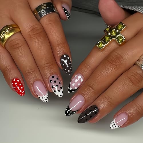 Black White Polka Dots French Tip Press on Nails Medium Almond Fake Nails Glossy Full Cover Acrylic Glue on Nail for Women