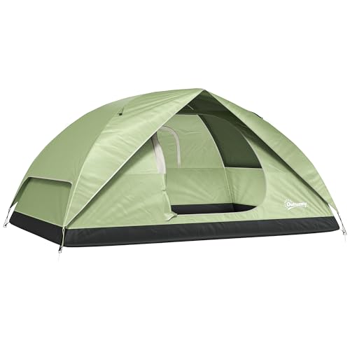 Outsunny Tenda da Campeggio Famigliare per 3 Persone Impermeabile 3000mm Tenda da Trekking a Cupola con Porta di Ricarica, Tasche, Gancio per Lanterna e Borsa da Trasporto Verde