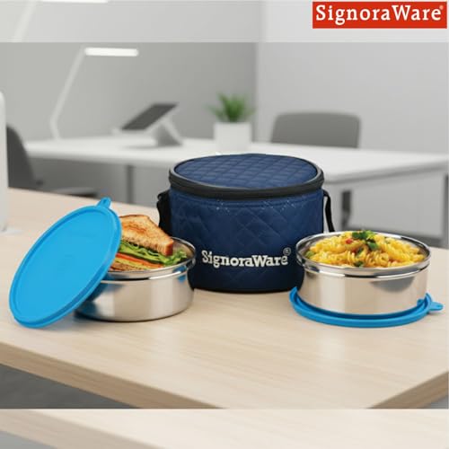 Image of SignoraWare Big Meal Stainless Steel Container Set | Airtight & Leakproof | Durable & Rust-Free | Ideal for Office, School, Home & Outdoor Use (800ml+800ml | Set of 2 | TBlue)