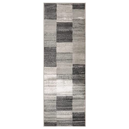 Superior Indoor Runner Rug, Jute Backed Rugs, Modern Striped Patchwork Floor Decor For Living Room, Bedroom, Dorm, Office, Entryway Kitchen, Dining, Hardwood, Blairwood Collection, 2'7" X 8', Silver #TOP25