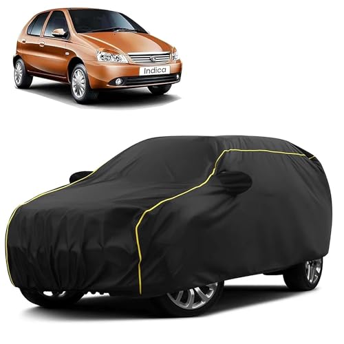 Image of Sulfar 100% Water Resistant Car Body Cover Compatible with Mirror for Tata Indica (Triple Stitched, Full Bottom Elastic, Black Taffeta with Yellow Piping)