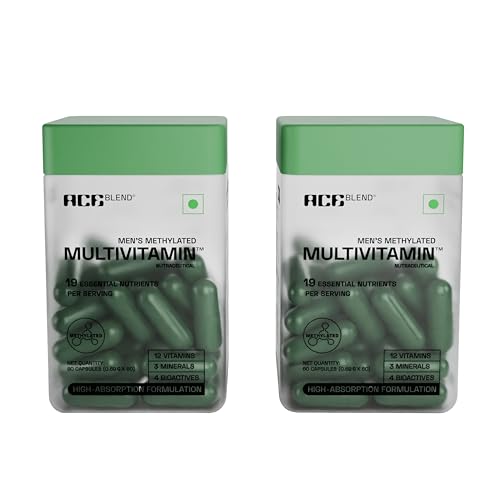 Image of Ace Blend Multivitamin Capsules for Men | Pack of 120 | Methylated Multivitamin with 19 Essential Nutrients | Quatrefolic, MenaQ7 & Vitashine D3 | Supports Energy, Immunity, Focus & Heart Health