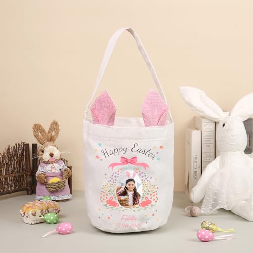 Luxladis Personalized Easter Basket for Girls Boys: Custom Photo & Name Canvas Easter Bucket for Kids Customized Bunny Easter Baskets Empty for Carrying Gift Easter Eggs (Pink-1)
