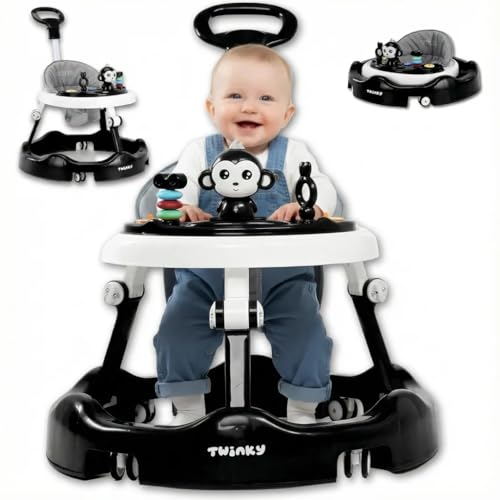 Twinky® Trotteur avec ensemble de jeu et tapis de sol - Aide à la marche robuste avec 4 positions réglables - Idéal comme aide à la marche pour les premiers pas de votre enfant - Noir