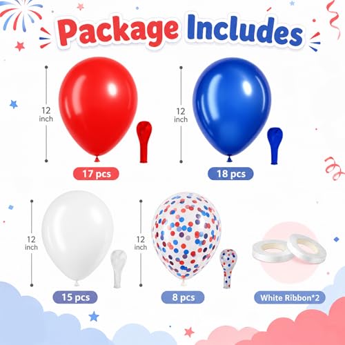 Image of Red White and Blue Balloons, 60 Pcs 12 Inch Navy Blue Red White Latex Set with Confetti, 4th of July Balloons Patriotic Independence Day Party Decor, Birthday Baby Shower Graduation Supplies