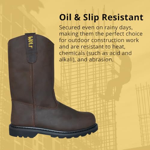 WOLF Work Boot | 100% Genuine Upper Leather | Oil, Abrasion Resistant | Electrical Hazards | Non-Slip Rubber Sole | Soft Toe | Dual Pullers | Construction | Industrial PPE4