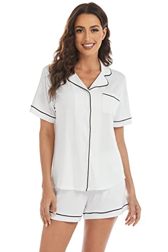 Image of LUBOT Women's Pajamas Set Two-piece PJs Set for Women 2PC Short Sleeve Button-Down Summer Sleepwear Loungewear (White, S)