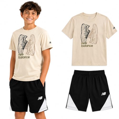 Image of New Balance Boys Athletic Shorts Set - 2 Piece Cotton Blend Jersey Shirt and Active Basketball Shorts for Boys